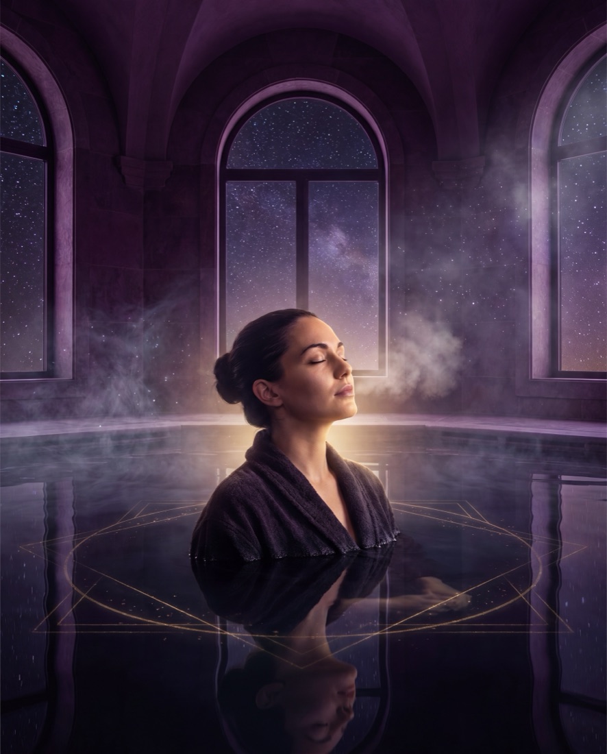 Mujer en inmersión en frío con vapor y luz dorada, en calma poderosa
